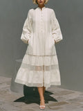 Women's Off White Cotton Blend Midi Dress With Mandarin Collar Half Button Placket & Sheer Tiered Skirt, Boho Casual Lantern Sleeve Midi Dress MDZ2448G9LYL