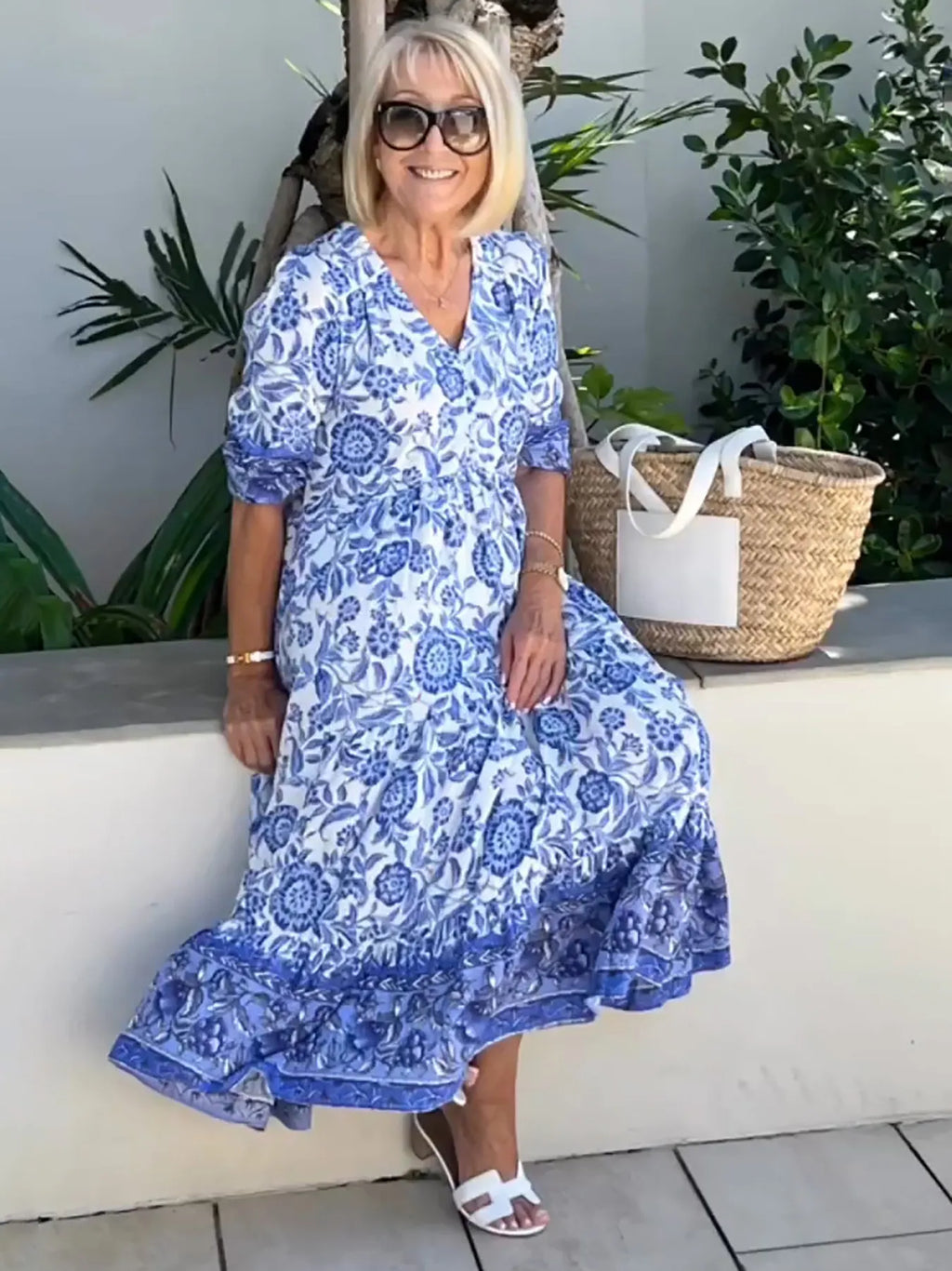 Boho Deep V Half Sleeve Dress Loose Floral Skirt Vacation Dress