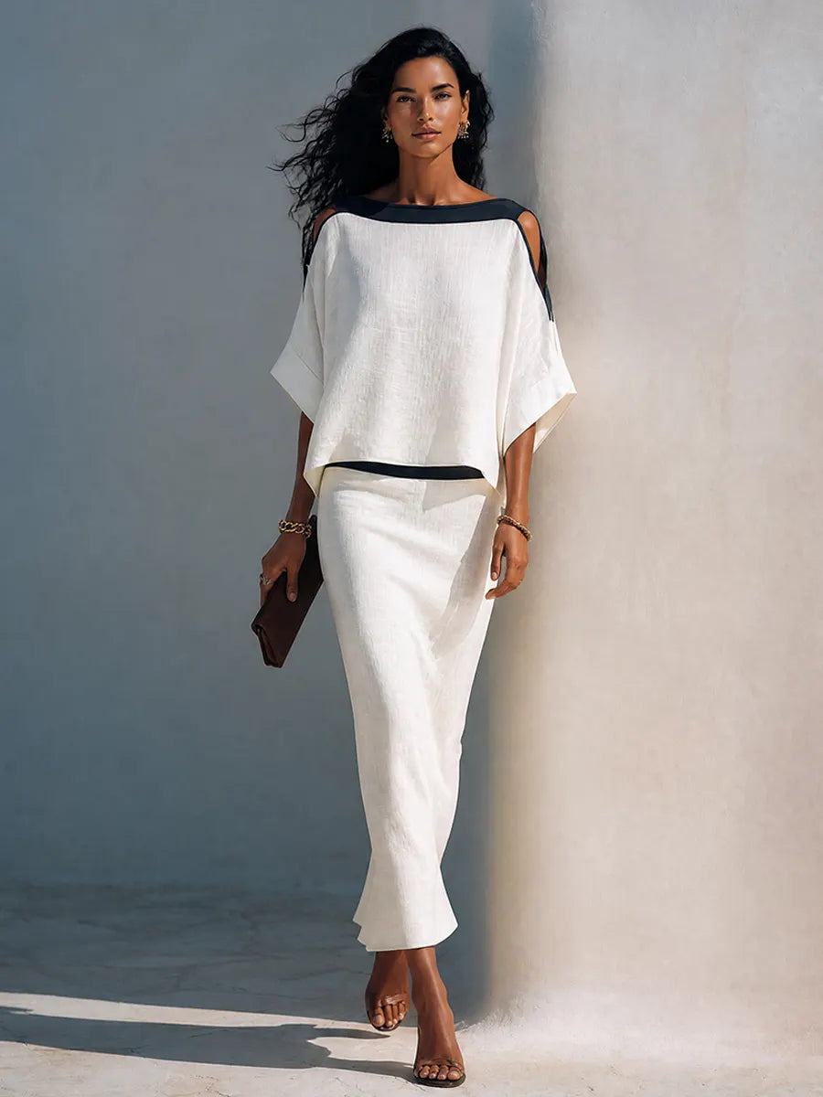 Women's Linen-Blend Batwing-Sleeve Top And Midi Skirt Two-Piece Set MDZ2993G0ZRK