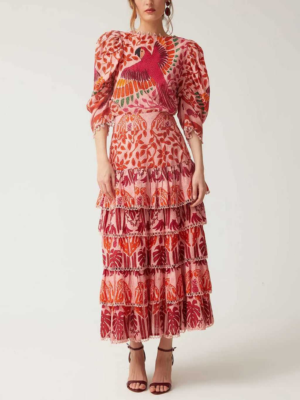 Vibrant Bird Floral Print Puff Sleeve Shirt