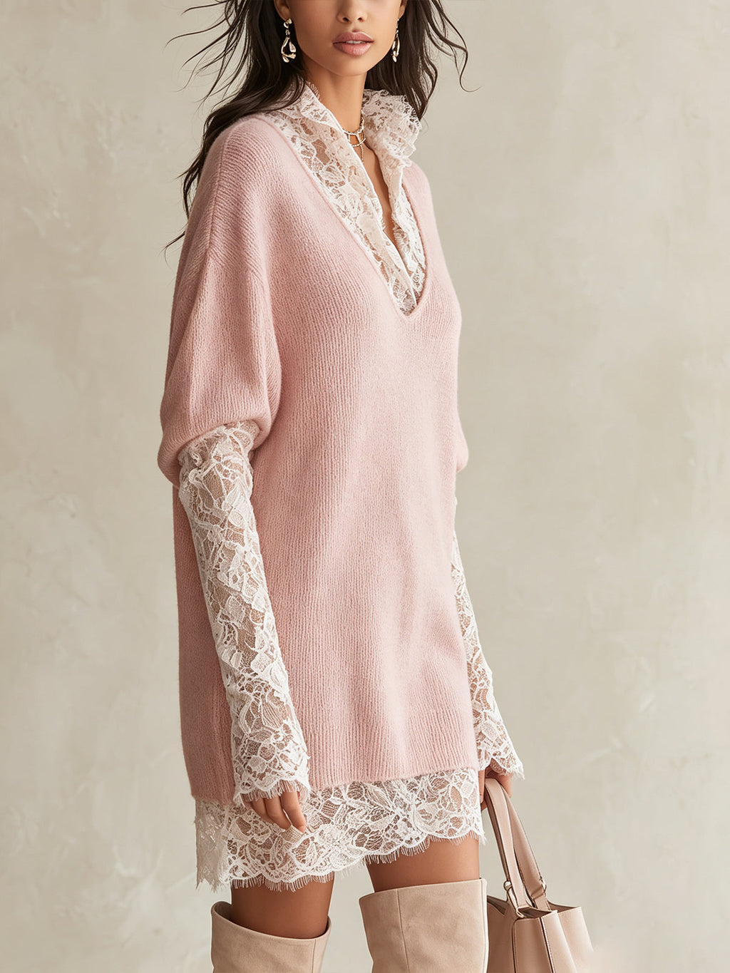 Pink Lace Trim Oversized Knit Mini Dress