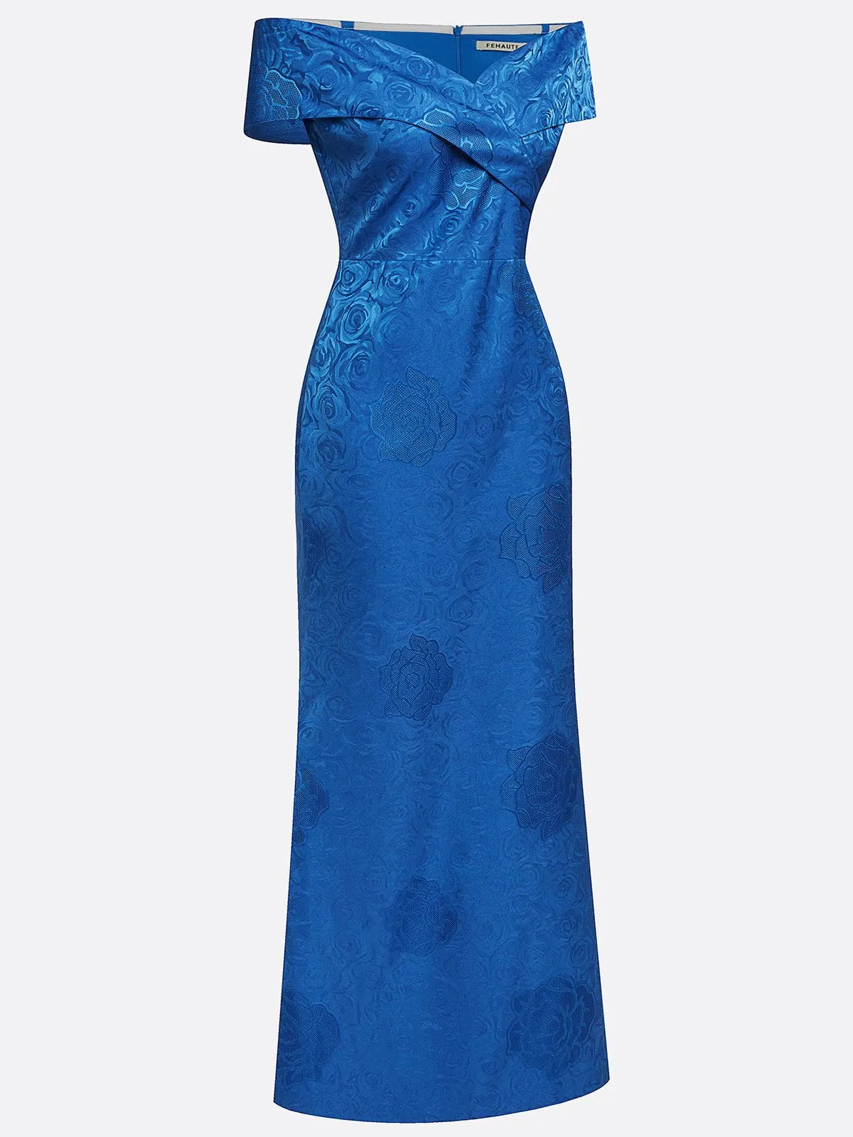 Blue Jacquard Floral Satin Off The Shoulder Sleeveless Sheath Maxi Dress