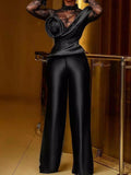 Simple Round-Neck Split-Joint Ruffled See-Through Straight Leg Jumpsuits