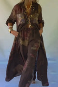 Womens V-neck Printed Patchwork Sequin Pocket Long Cardigan+ Pants Casual Set