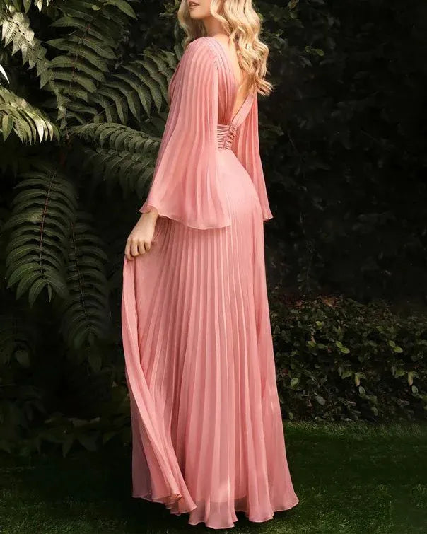Pleated V-neck Chiffon Maxi Dress - 01