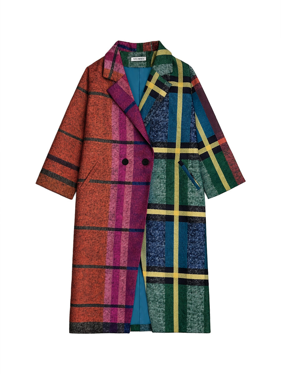 Loose Three-Quarter Sleeves Contrast Color Plaid Split-Joint Lapel Outerwear Windbreakers Woolen Coat