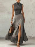 Gray Sleeveless Mock Neck Top And High Slit Maxi Skirt Set With Lace Trim
