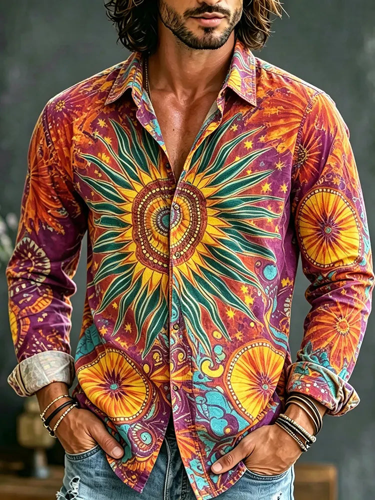 Men's Tie-dye Vacation Casual Cotton Linen Long-sleeved Shirt