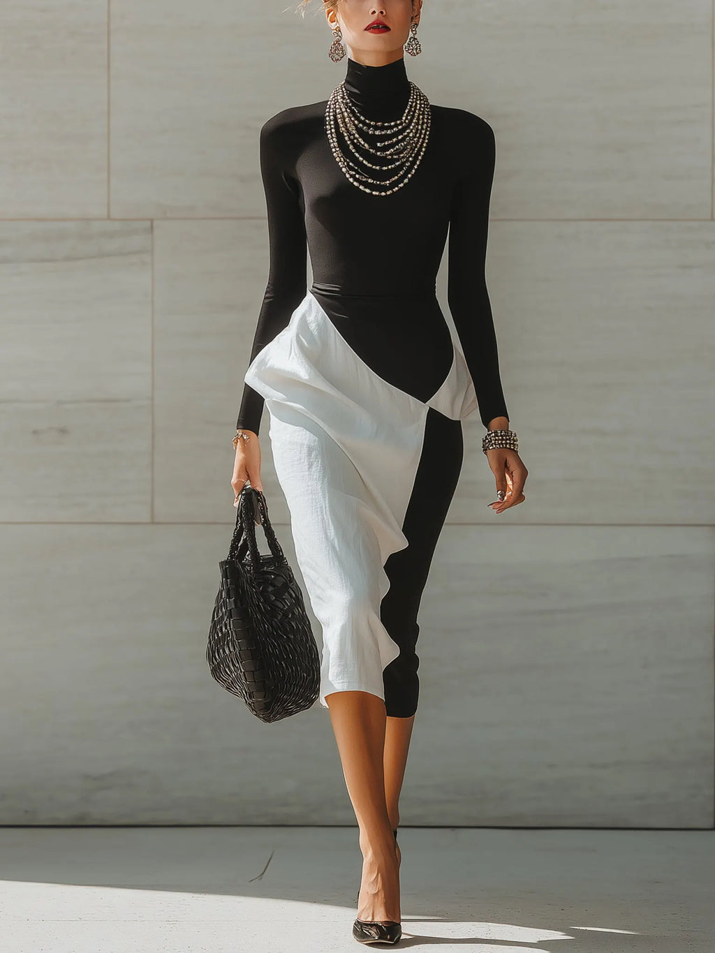 Black And White Color Block Stretch Linen Midi Dress