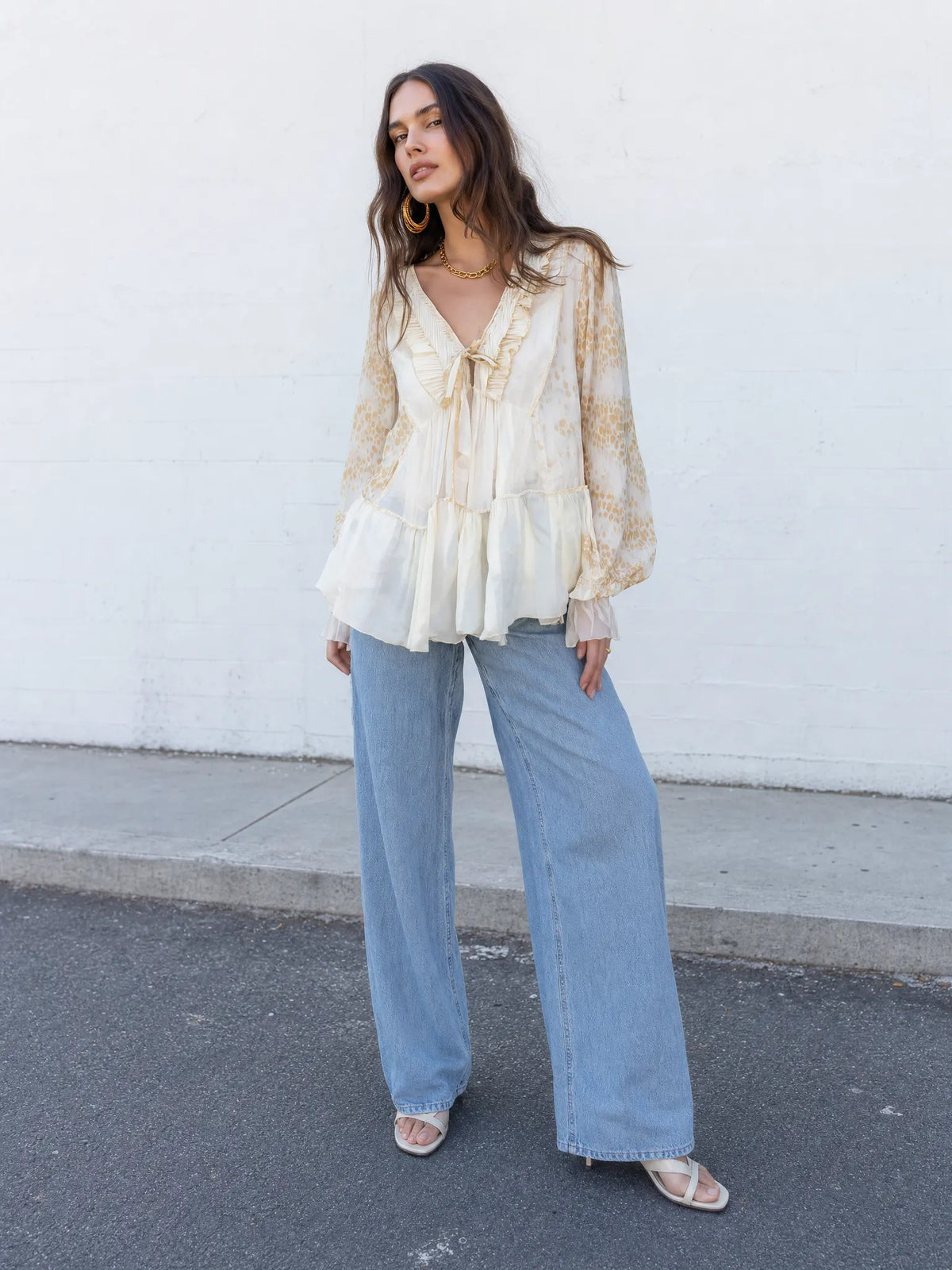 Leopard Print V-Neck Ruffle Tie-Front Blouse with Bishop Sleeves