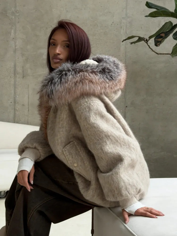 Faux Fur Hooded Wool-Blend Jacket