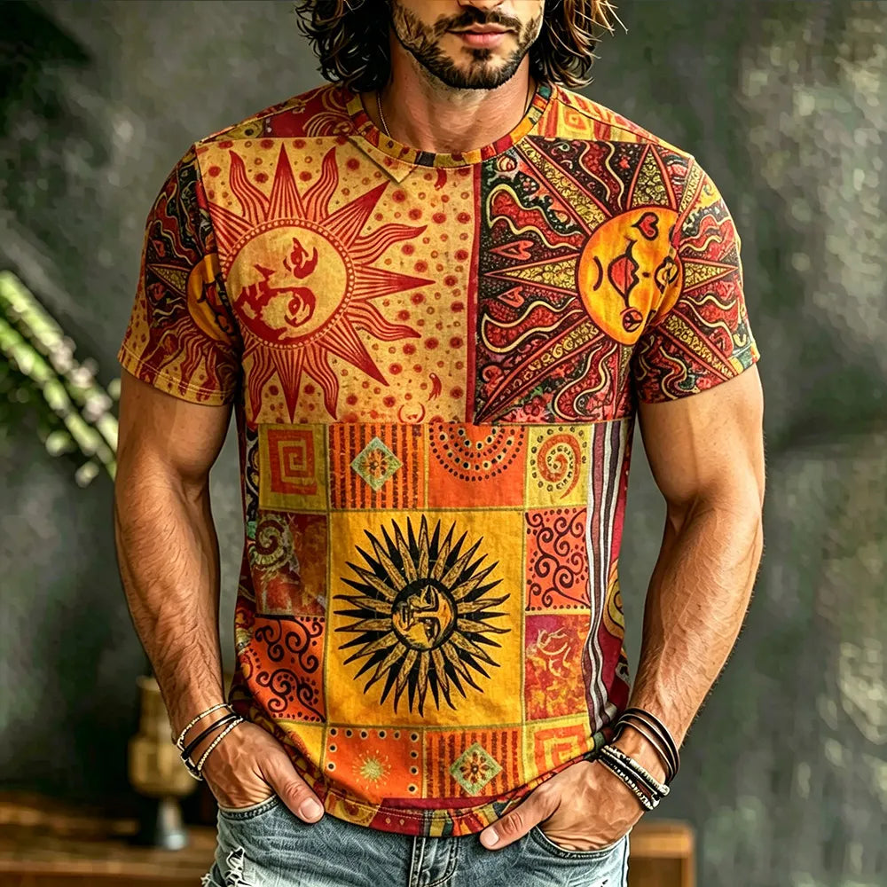 Men's Sun Art Geometric Patchwork Print Casual Crew Neck T-shirt