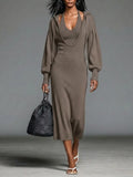 Women's Taupe Ribbed Knit Midi Dress With Faux Two-Piece Hooded Layer Design & Halter Neck Lantern Sleeves, Minimalist Casual Slim Fit Knit Midi Dress MDZ2414G5LYL
