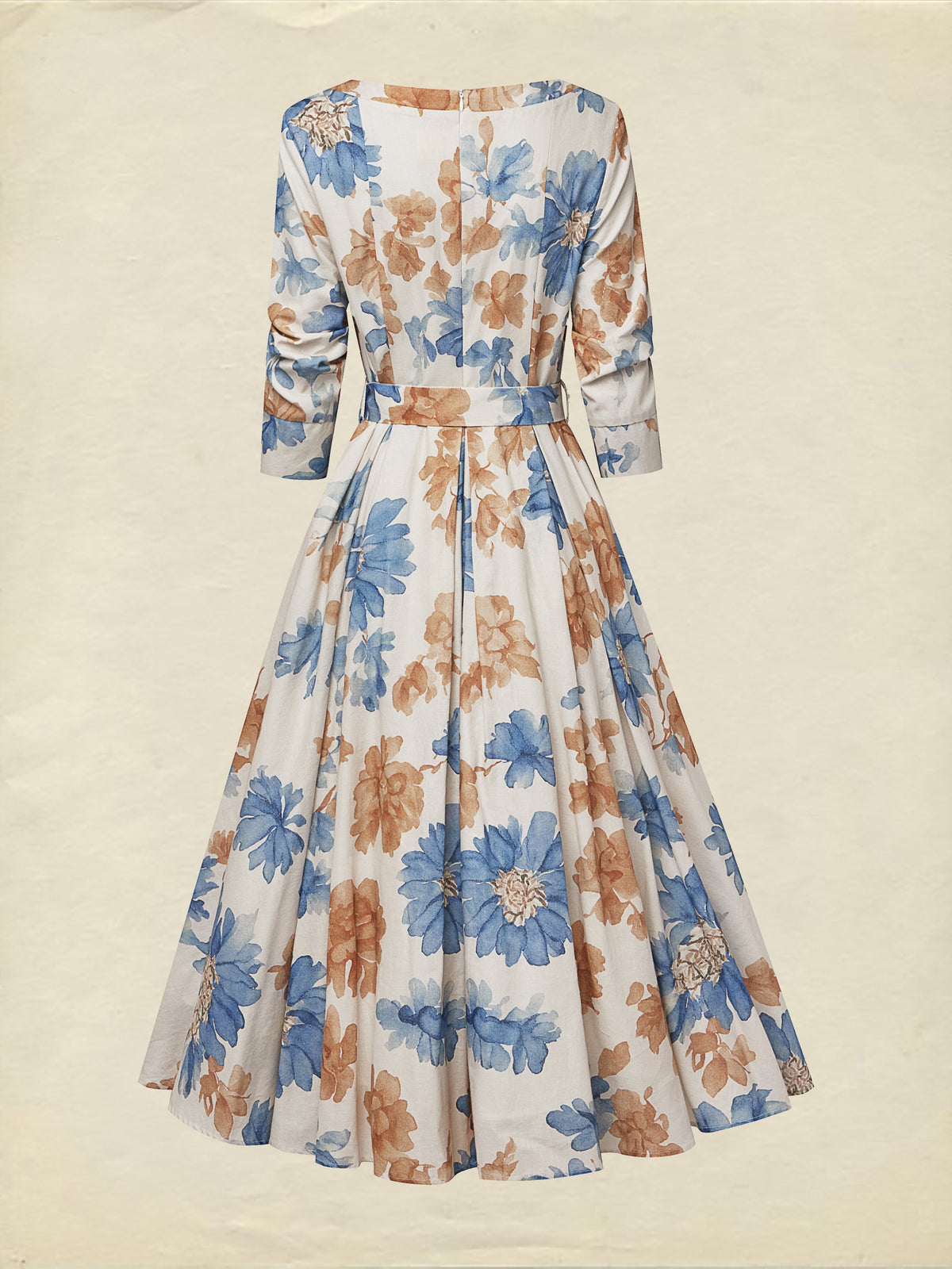 Midi Cotton Dress, Half Sleeve, Round Neck, Floral, Belt Design, Vintage, Khaki