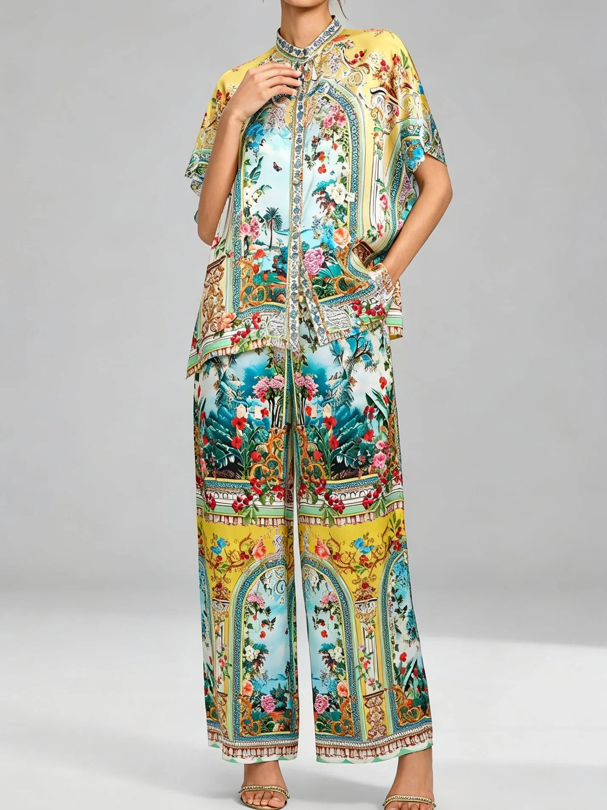 Romantic Manor Print Short-Sleeve Shirt and Trousers Set
