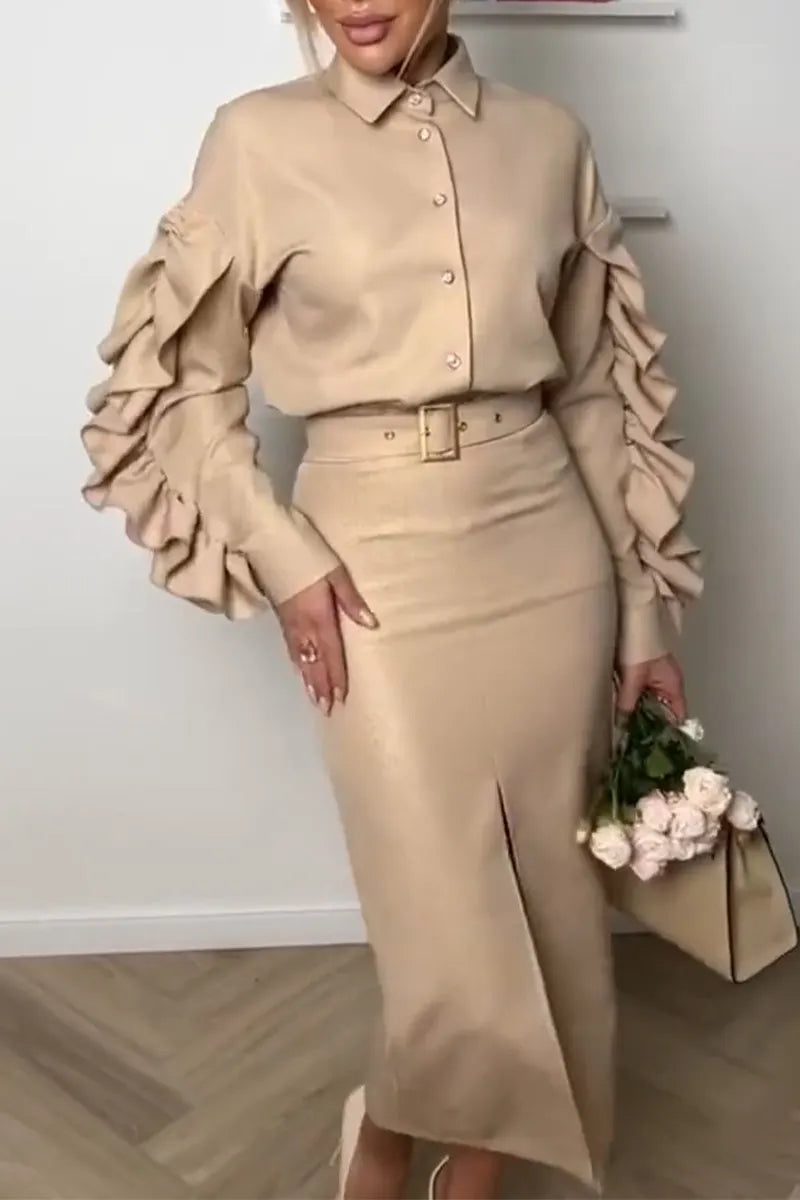 Women Collar Patchwork Top+ Slit Skirt Elegant Temperament Set or Pants Set