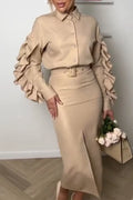 Women Collar Patchwork Top+ Slit Skirt Elegant Temperament Set or Pants Set