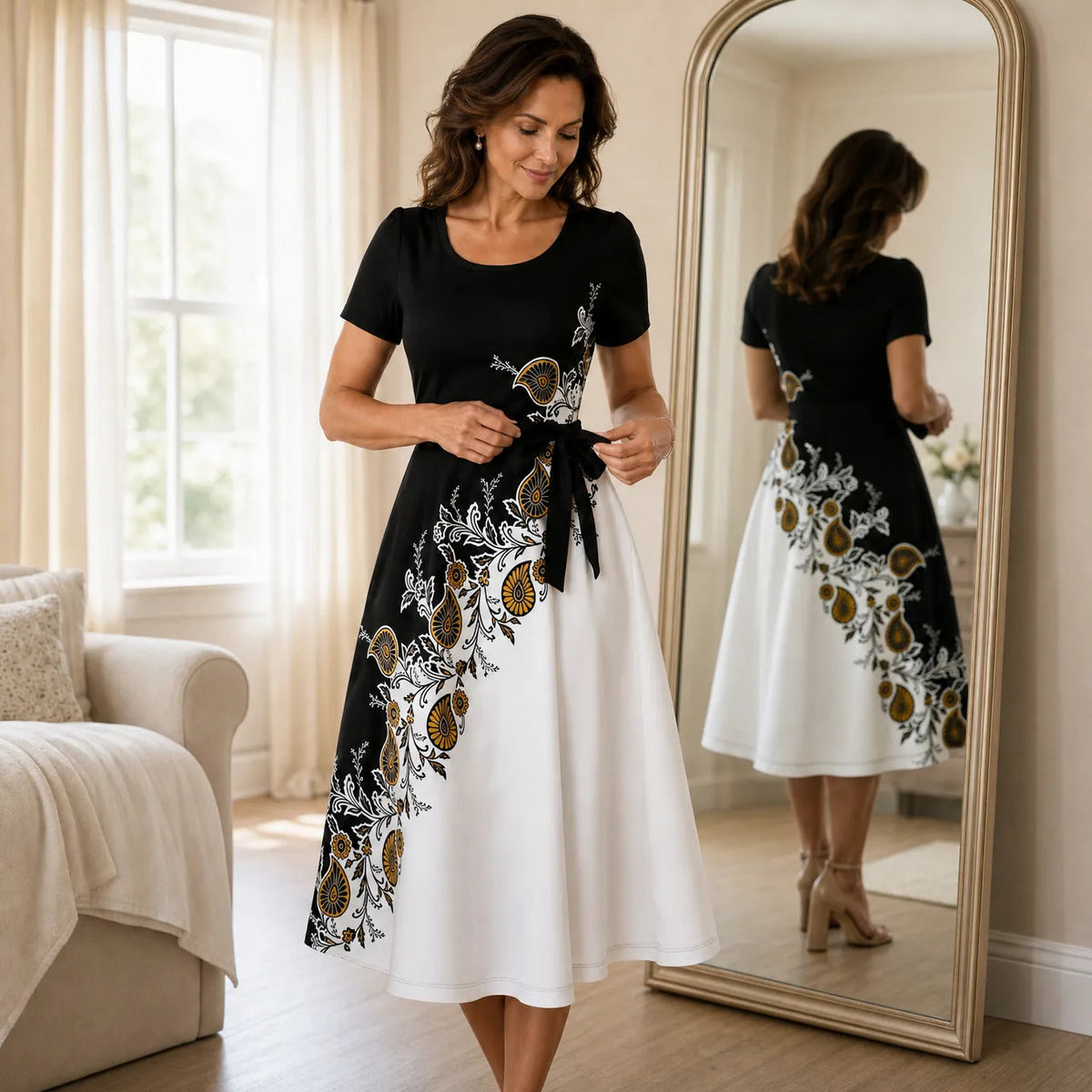 Marveline – Paisley A-Line Midi Dress with Tie Waist