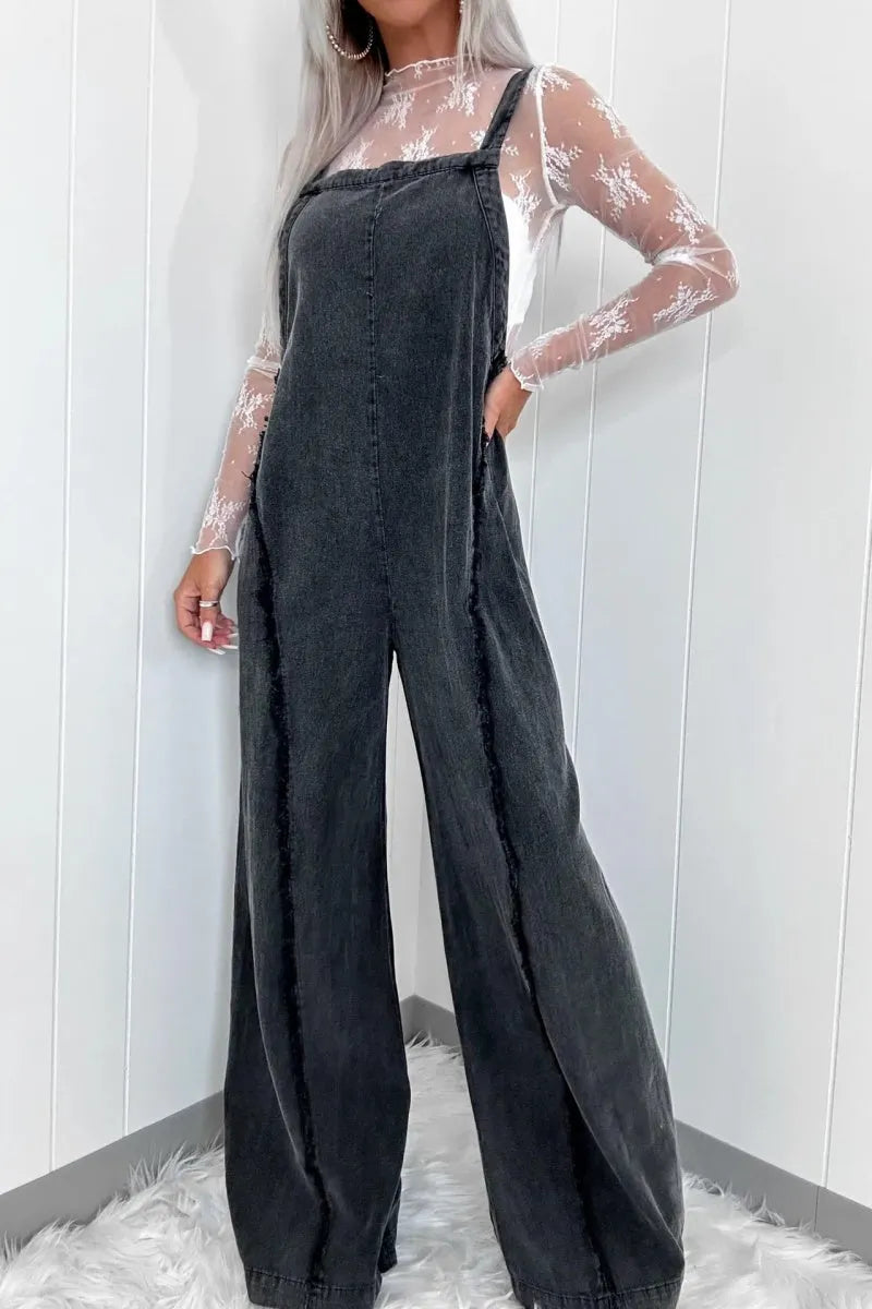 Denim Overalls for Women Casual Adjustable Straps Wide Leg Raw Hem Jeans Bib Overalls Jumpsuits