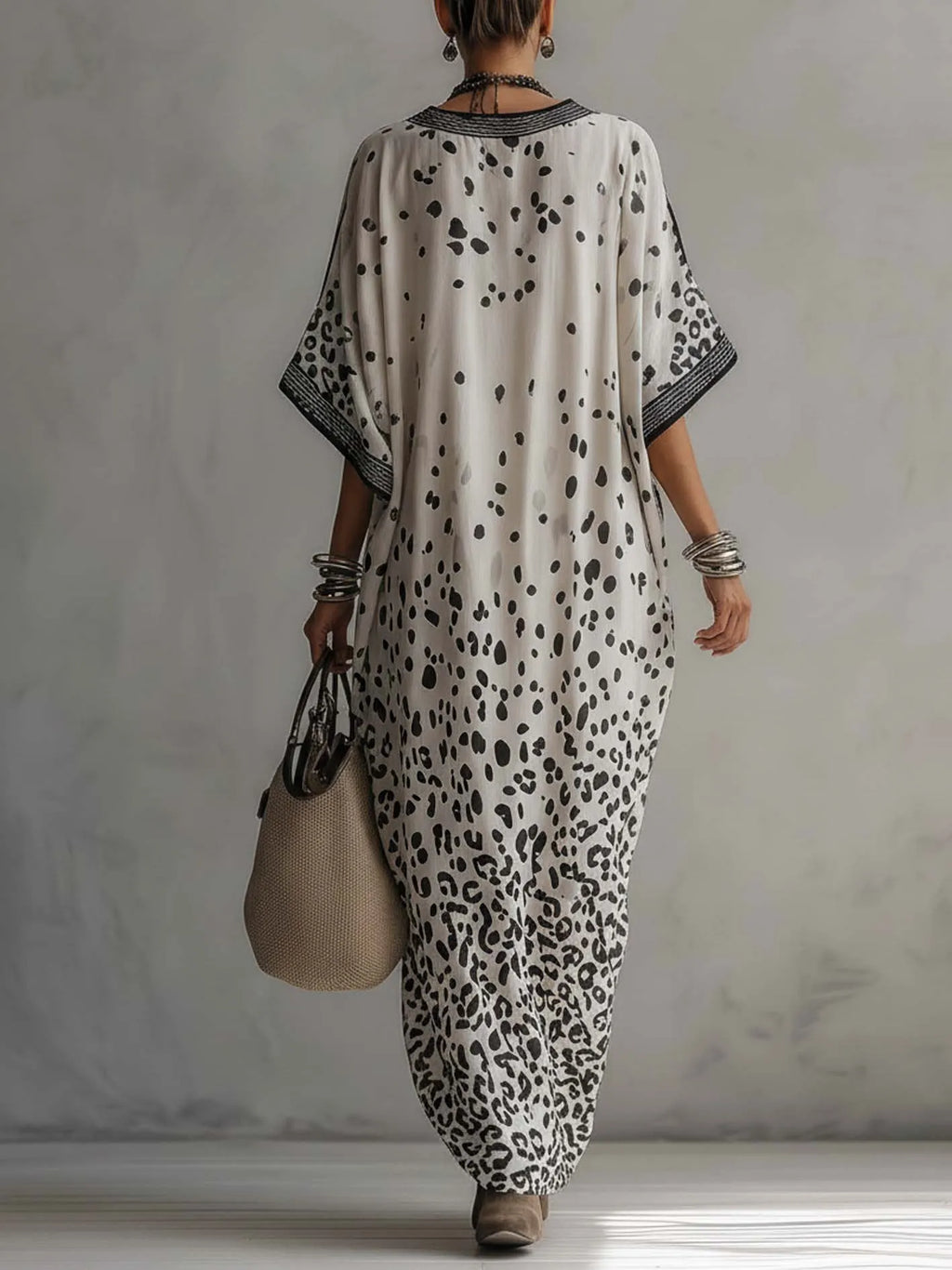 24-Hour-Shipping Light Gray Gradient Leopard Print Chiffon Maxi Dress