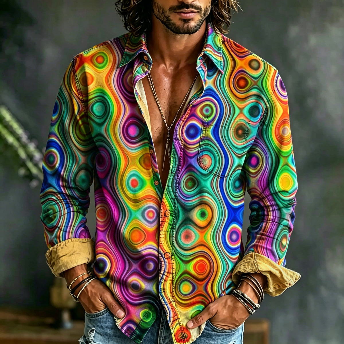 Men's Colorful Hippie Style Abstract Print Casual Long-sleeved Shirt
