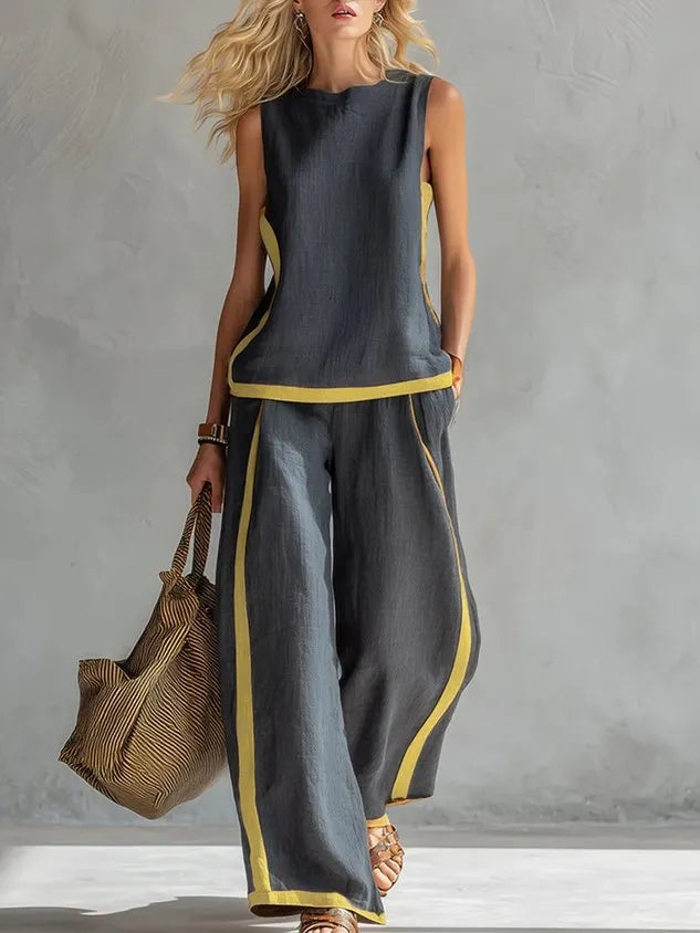Cotton And Linen Casual Color Block Crew Neck Tank Top
