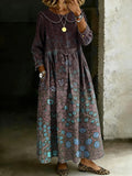 Women's Retro Multicolor Gradient Ethnic Floral Splicing Long-sleeved Loose-fitting Casual Denim Dress