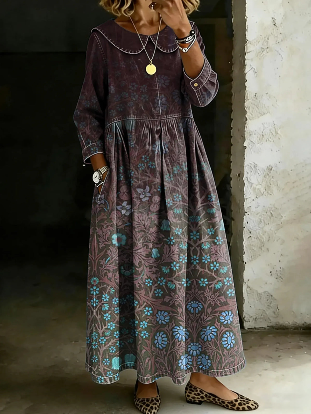 Women's Retro Multicolor Gradient Ethnic Floral Splicing Long-sleeved Loose-fitting Casual Denim Dress