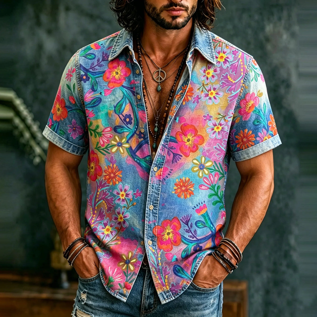 Men's Retro Hippie Floral Graffiti Art Pattern Casual Washed Shirt