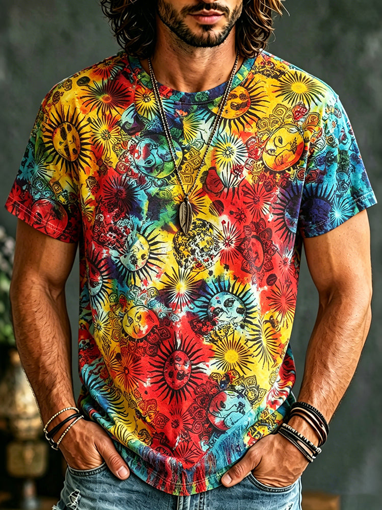 Men's Retro Tie-dye Sun And Moon Design Cotton Linen Crew Neck Short Sleeve T-shirt