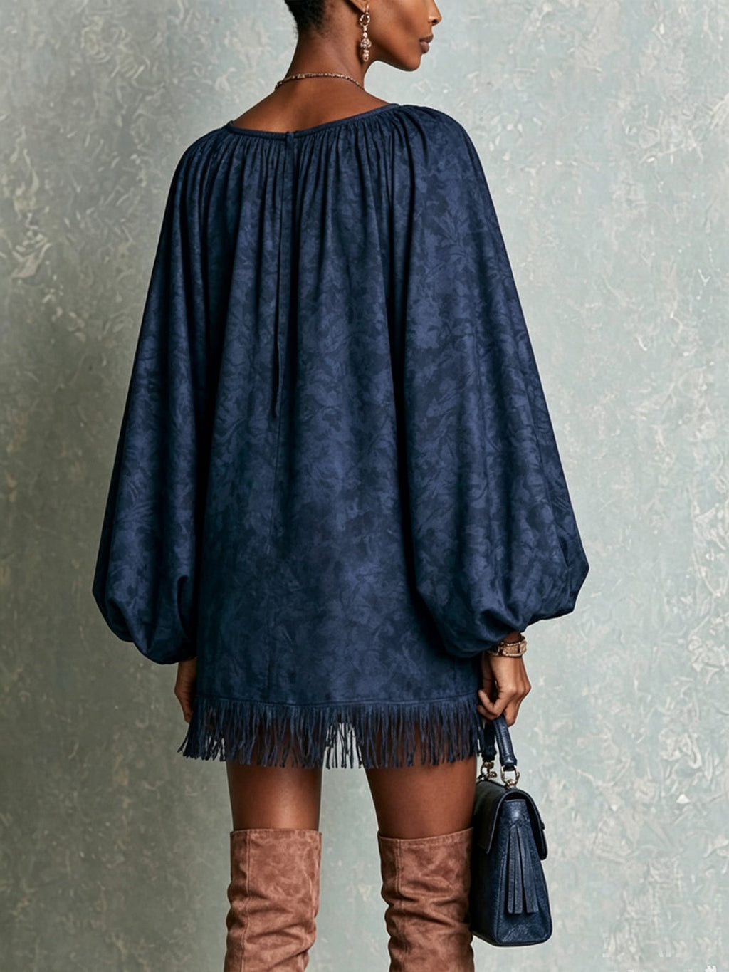 Navy Lace-Up Fringe Hem Oversized Mini Dress