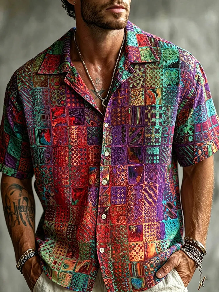 Men's Retro Gradient Art Geometric Print Linen Blend Short Sleeve Shirt