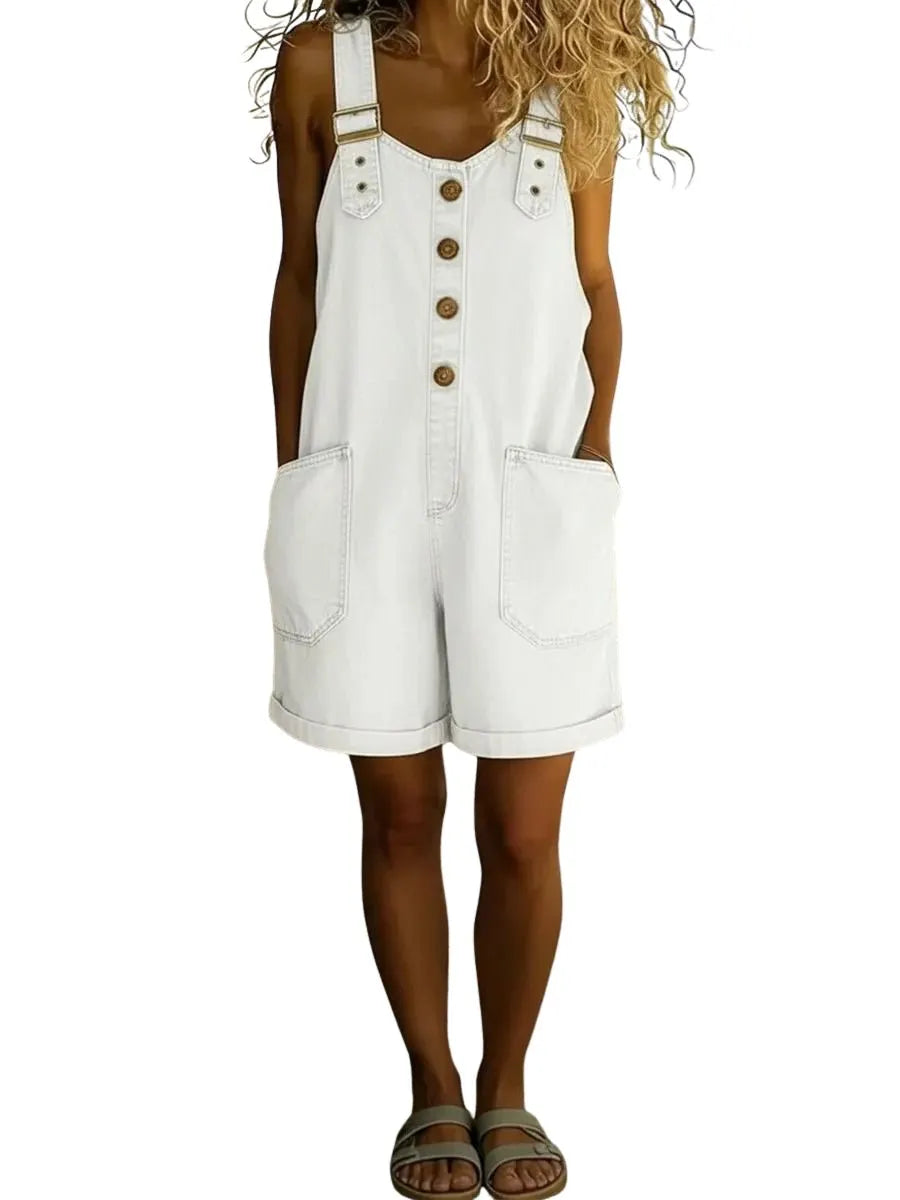 Women's Y2K Denim Shortalls Button Front Wide Leg Loose Bib Jean Overalls Shorts Romper Jumpsuits Vintage