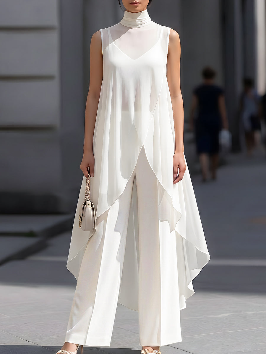 Layered Sheer Overlay High Neck Sleeveless Top And Wide-Leg Pants Set