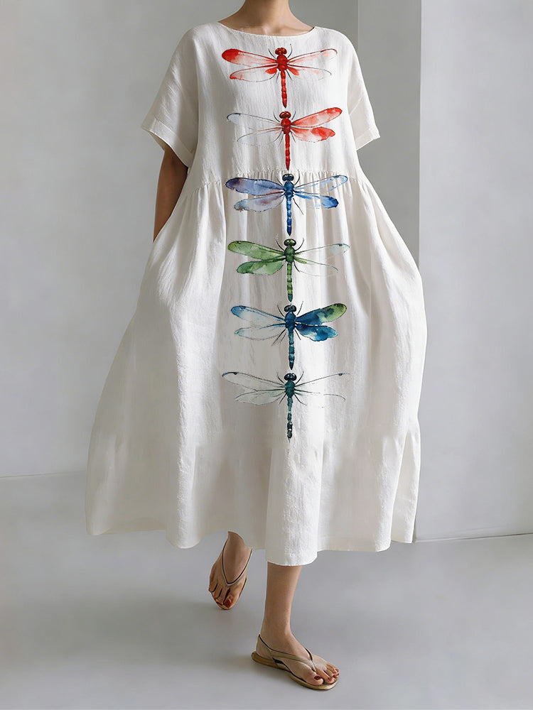 Japanese Art Color Dragonfly Print Long Sleeve Casual Midi Dress