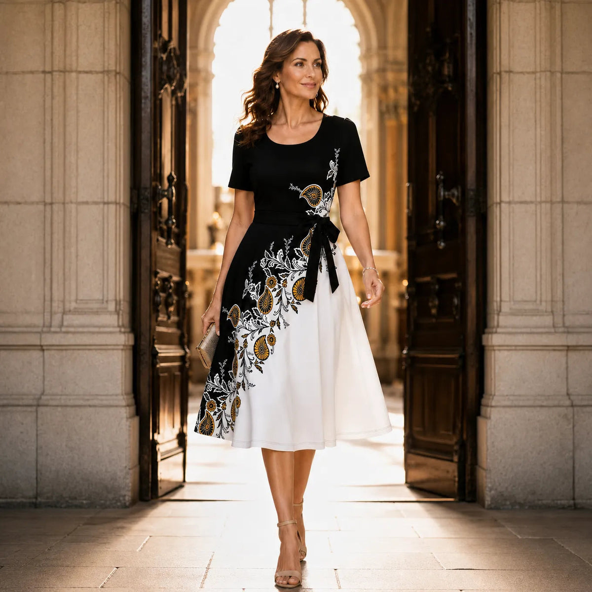 Marveline – Paisley A-Line Midi Dress with Tie Waist