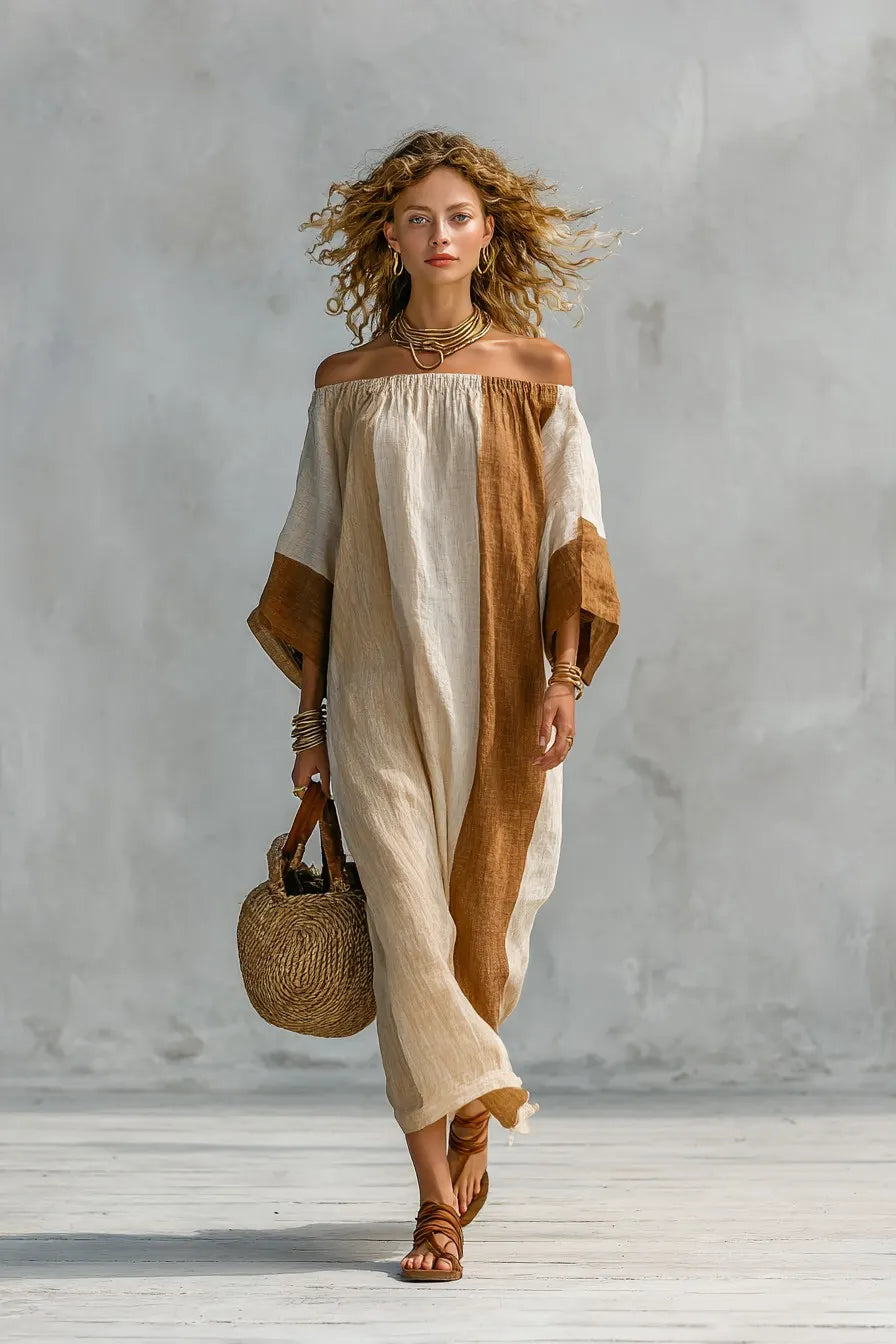 Women's Off-Shoulder Beige & Brown Color-Block Striped Maxi Dress
