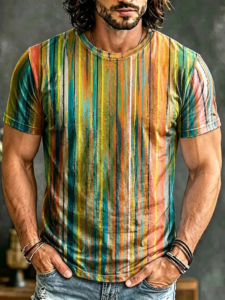 Men's Retro Hippie Abstract Striped Art Print Crew Neck Short Sleeve T-shirt