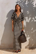 Women's Black and White Striped Wrap Maxi Dress