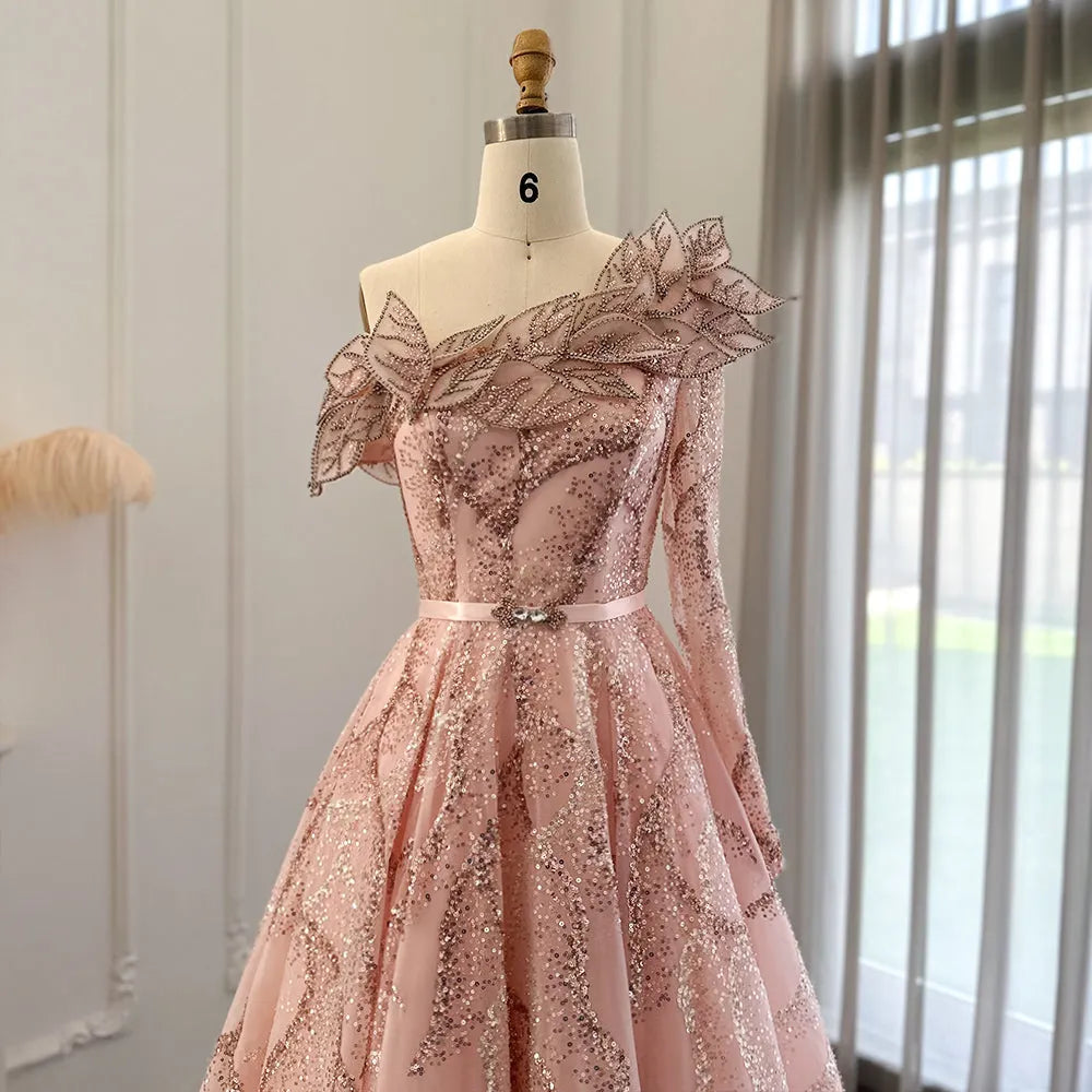 Dreamy Vow Luxury Dubai Ball Gown Gold Evening Dresses for Women Wedding 2023 Elegant One Shoulder Prom Formal Party Gown 359