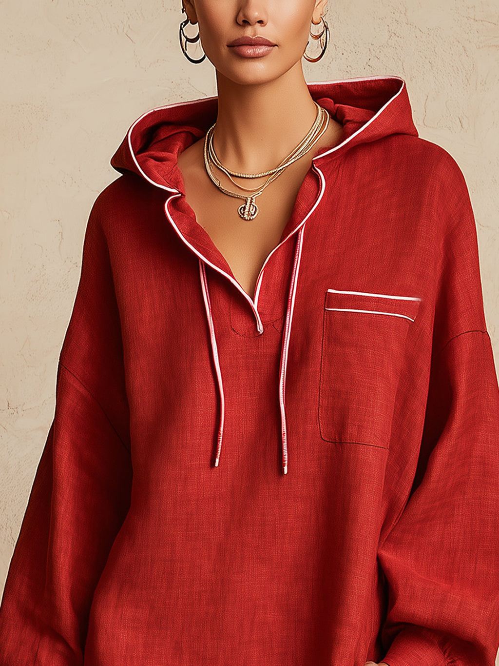 Red Hooded Mini Dress With White Piping And Long Sleeves