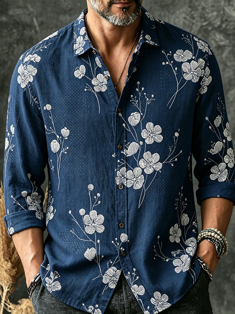 Men's Retro Floral Print Casual Linen Blend Long-sleeve Shirt