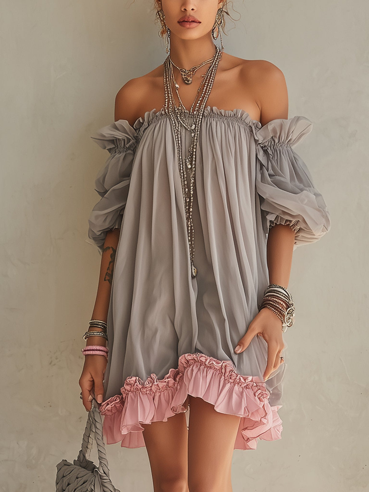 24-Hour-Shipping Gray Chiffon Off Shoulder Mini Dress With Pink Hem