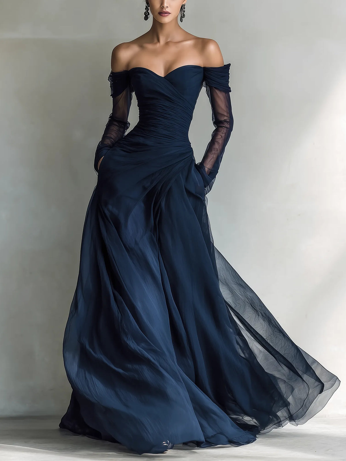 Women's Elegant Dark Blue Chiffon Organza Off-shoulder Long-sleeved Fitted Maxi Dress MDA1711L9AN