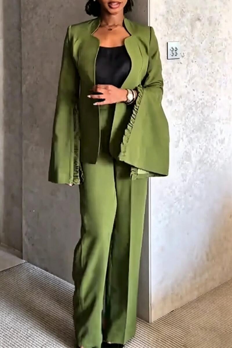 Women Trumpet Sleeve Jacket+ Wide Leg Pants Solid Color Temperament Commuting Set