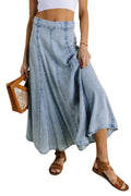 Women Vintage Long Denim Skirt Flowy Big Hem Slouchy Washed Jean Skirt