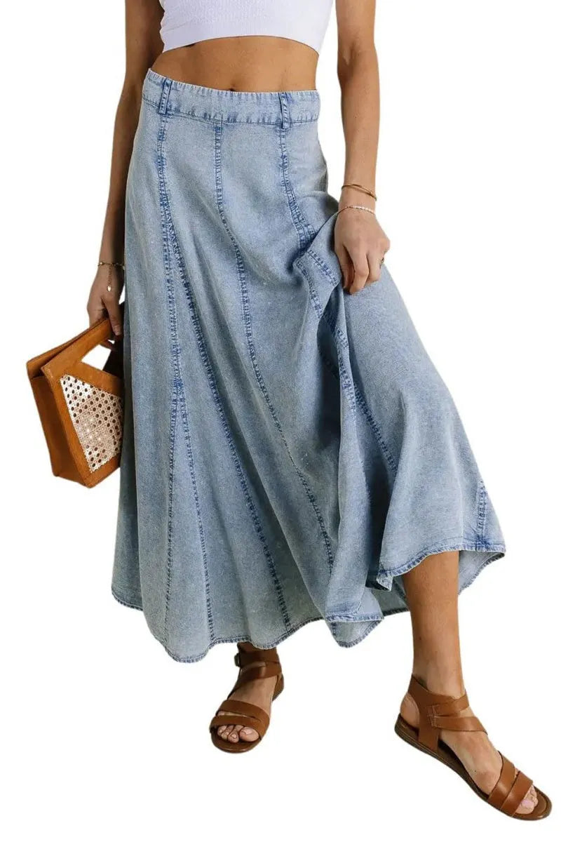 Women Vintage Long Denim Skirt Flowy Big Hem Slouchy Washed Jean Skirt