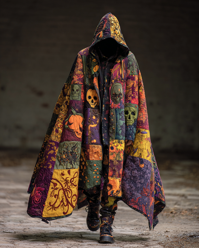 Men's Printed Contrast Hooded Oversized Cape Coat 7a3d