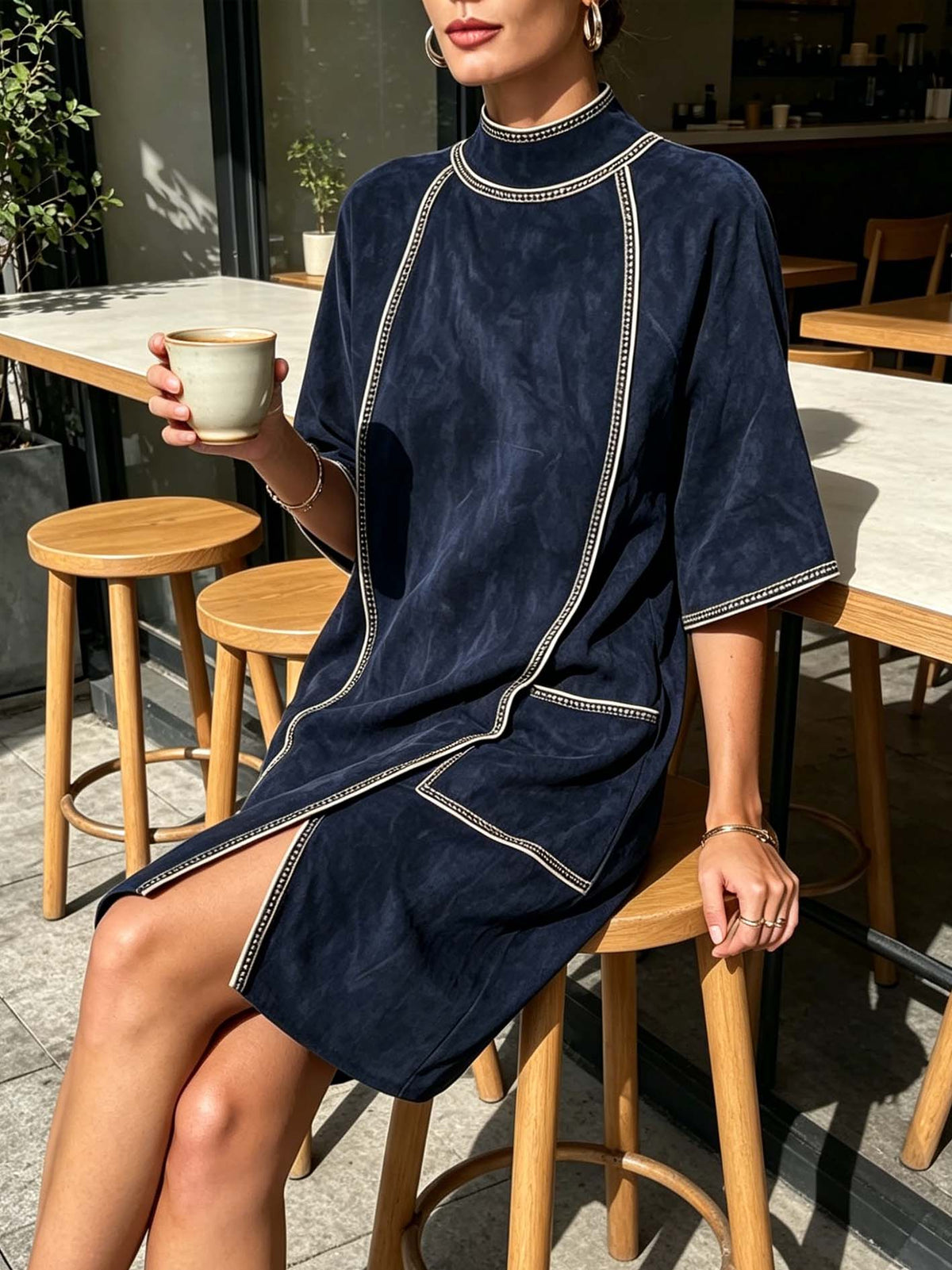 Navy Faux Suede Midi Dress With Vintage Trim Detail