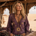 Mysterious Moon Tie-dyed V-neck Linen Embroidered Top